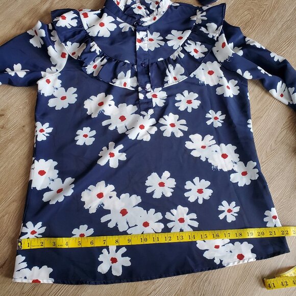 Saint Geraldine Navy Floral Tie-Neck Blouse with Ruffled Collar - Picture 7 of 10